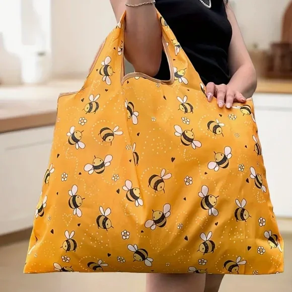 Portable Shopping Nylon Tote Bag Vibrant Bumble Bee & Flower Design - Picture 1 of 6